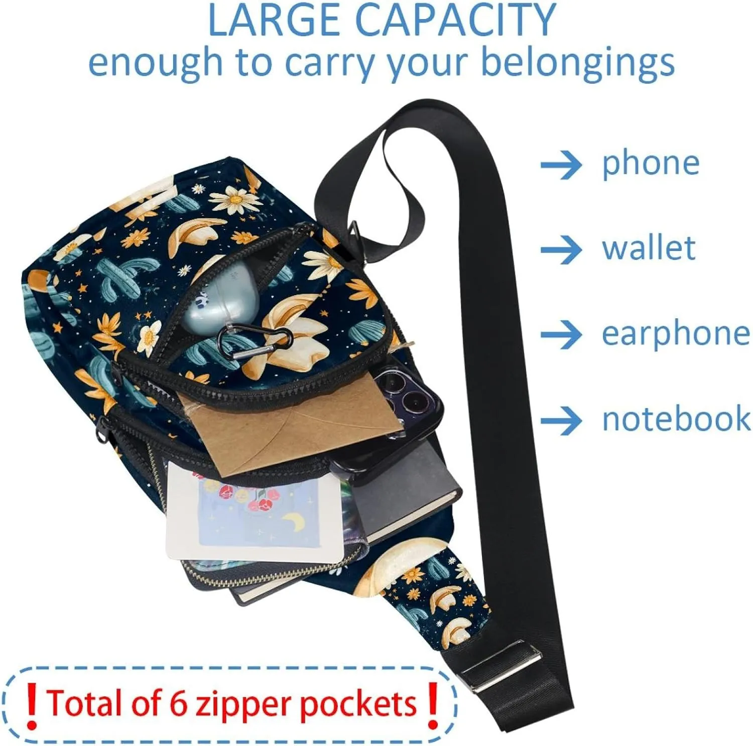 Sling Bag Backpack Crossbody Chest Bag Daypack for Hiking Travel(Cowboy Hat Cactuses Western)