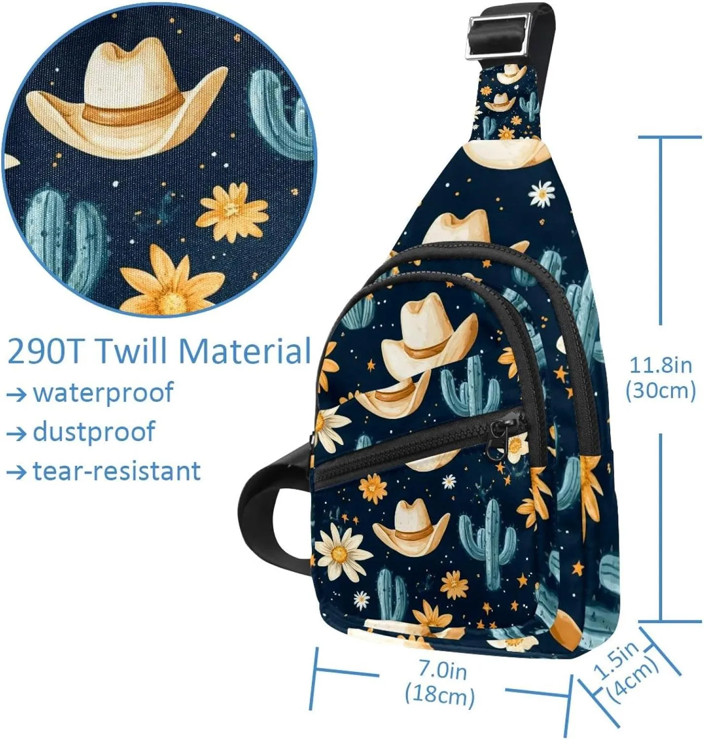 Sling Bag Backpack Crossbody Chest Bag Daypack for Hiking Travel(Cowboy Hat Cactuses Western)