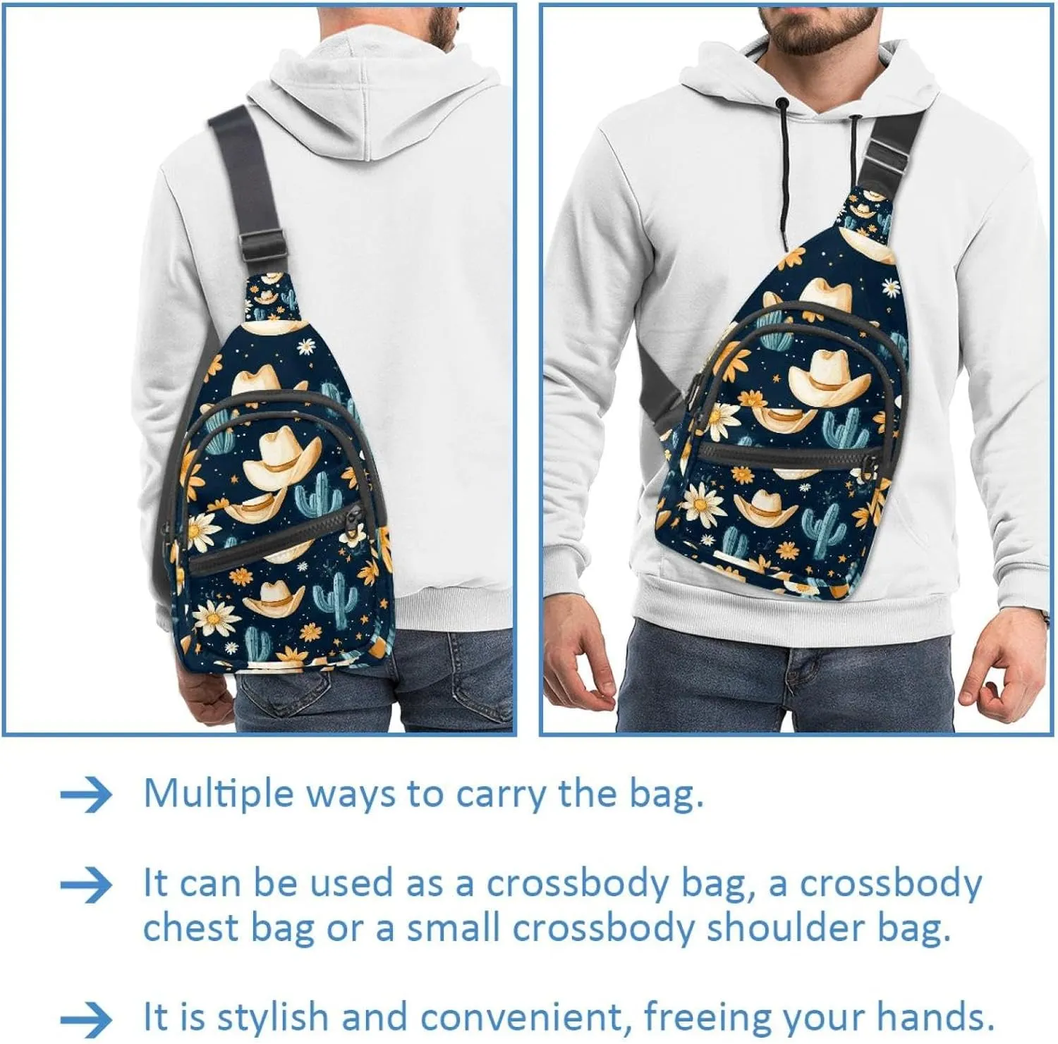 Sling Bag Backpack Crossbody Chest Bag Daypack for Hiking Travel(Cowboy Hat Cactuses Western)