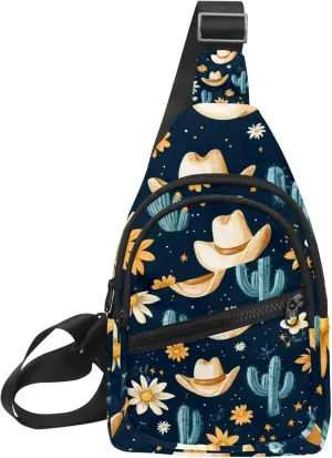 Sling Bag Backpack Crossbody Chest Bag Daypack for Hiking Travel(Cowboy Hat Cactuses Western)
