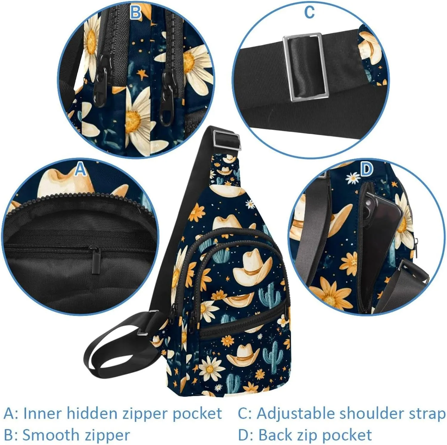 Sling Bag Backpack Crossbody Chest Bag Daypack for Hiking Travel(Cowboy Hat Cactuses Western)