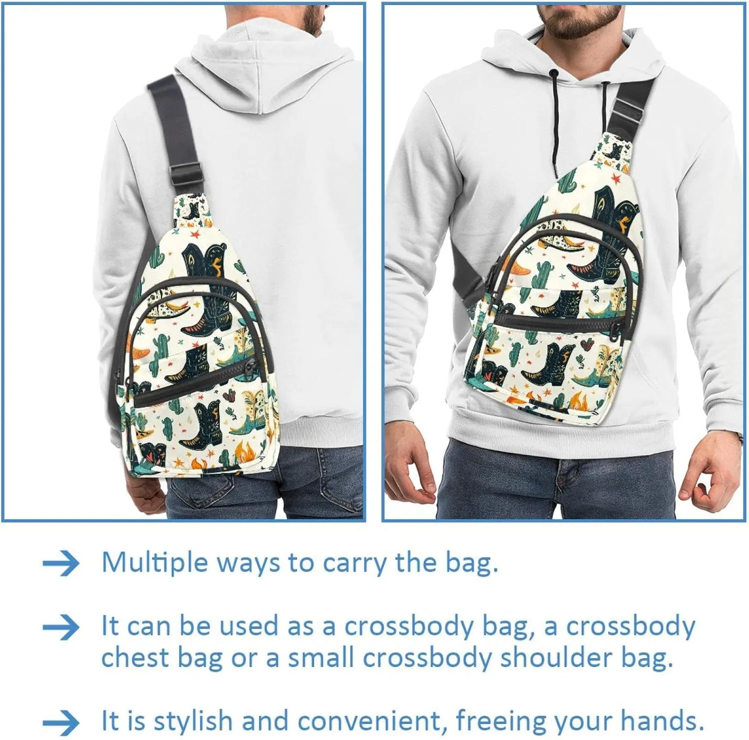Small Sling Backpack Crossbody Sling Bag, Chest Bag Daypack, Western Cowboy Hat Cactuses