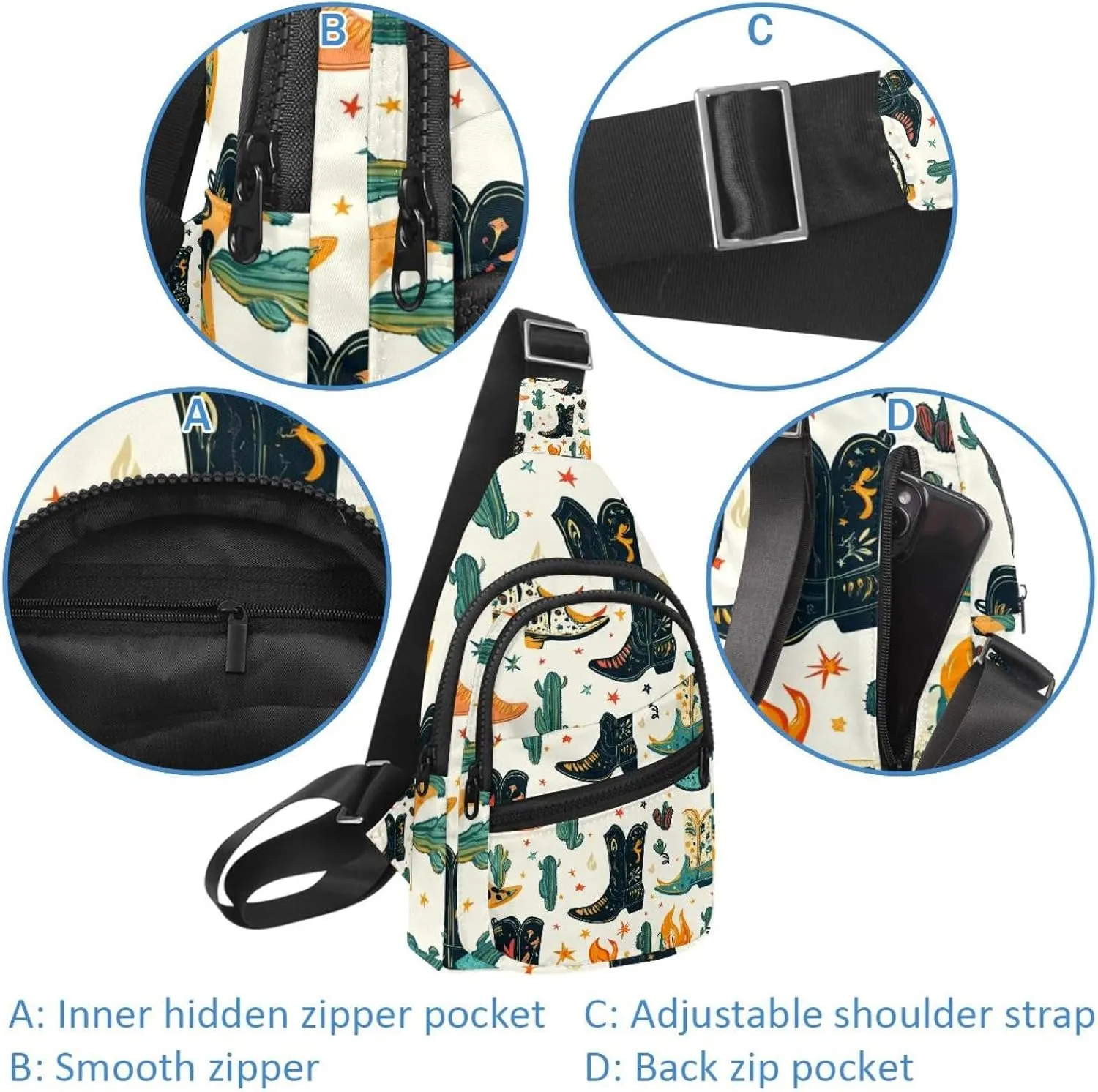 Small Sling Backpack Crossbody Sling Bag, Chest Bag Daypack, Western Cowboy Hat Cactuses