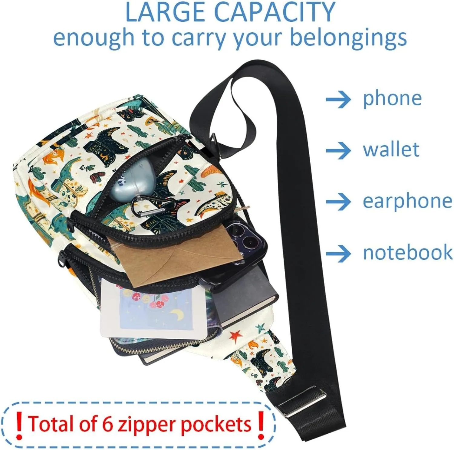 Small Sling Backpack Crossbody Sling Bag, Chest Bag Daypack, Western Cowboy Hat Cactuses
