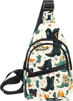 Small Sling Backpack Crossbody Sling Bag, Chest Bag Daypack, Western Cowboy Hat Cactuses
