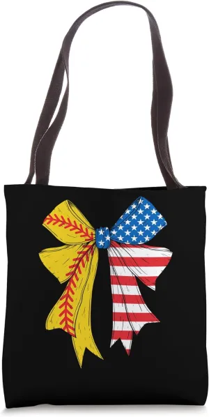 Softball Coquette Bow 4th Of July USA Flag Women Girls Mom Tote Bag