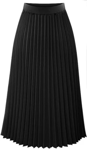 Solid Womens Midi Waist Pleated Elastic Skirt Maxi Elegant Skirt Denim Skirt with Elastic Waist Black