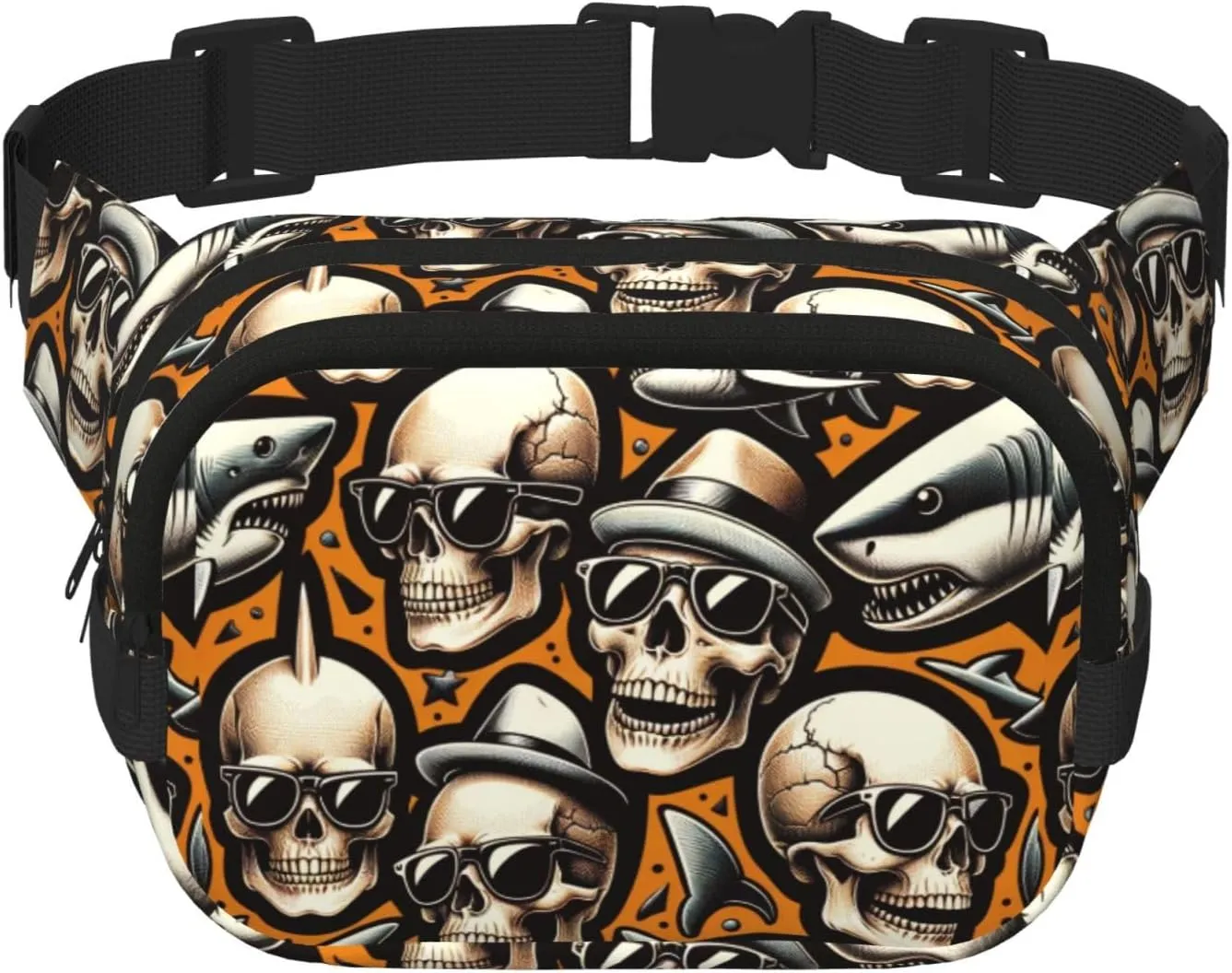 Square Double-Layer Hipster-Cool-Shark-Skull Waist Bag Large Crossbody Fanny Pack For Travel Walking Running