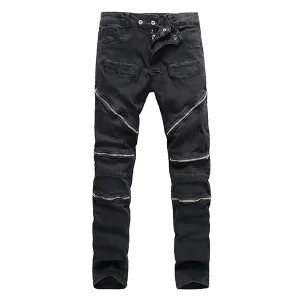 Stone Washed Elastic Slim Denim Jeans For Men Casual Multi-zippers