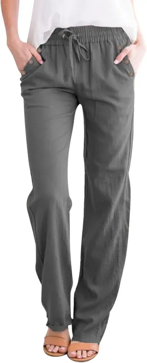 Summer Cotton Linen Pants with Pockets for Women Baggy Wide Leg Stretch Casual Trousers Straight Elastic Waist Lounge Pants