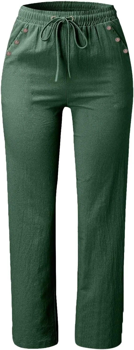 Summer Cotton Linen Pants with Pockets for Women Baggy Wide Leg Stretch Casual Trousers Straight Elastic Waist Lounge Pants