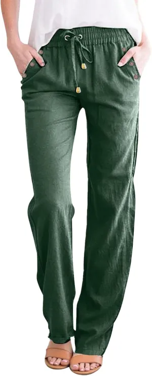 Summer Cotton Linen Pants with Pockets for Women Baggy Wide Leg Stretch Casual Trousers Straight Elastic Waist Lounge Pants