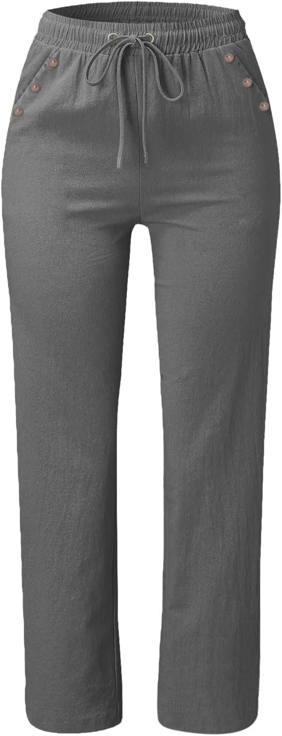 Summer Cotton Linen Pants with Pockets for Women Baggy Wide Leg Stretch Casual Trousers Straight Elastic Waist Lounge Pants