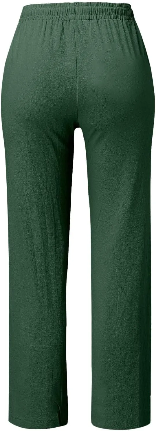 Summer Cotton Linen Pants with Pockets for Women Baggy Wide Leg Stretch Casual Trousers Straight Elastic Waist Lounge Pants