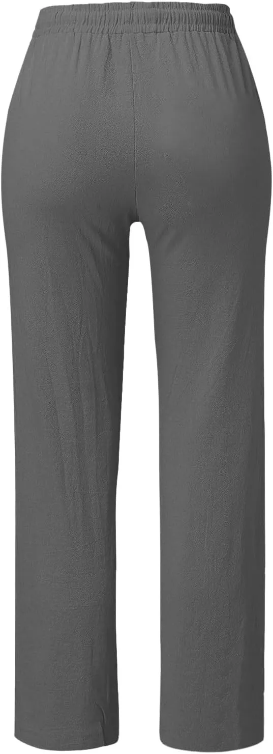 Summer Cotton Linen Pants with Pockets for Women Baggy Wide Leg Stretch Casual Trousers Straight Elastic Waist Lounge Pants