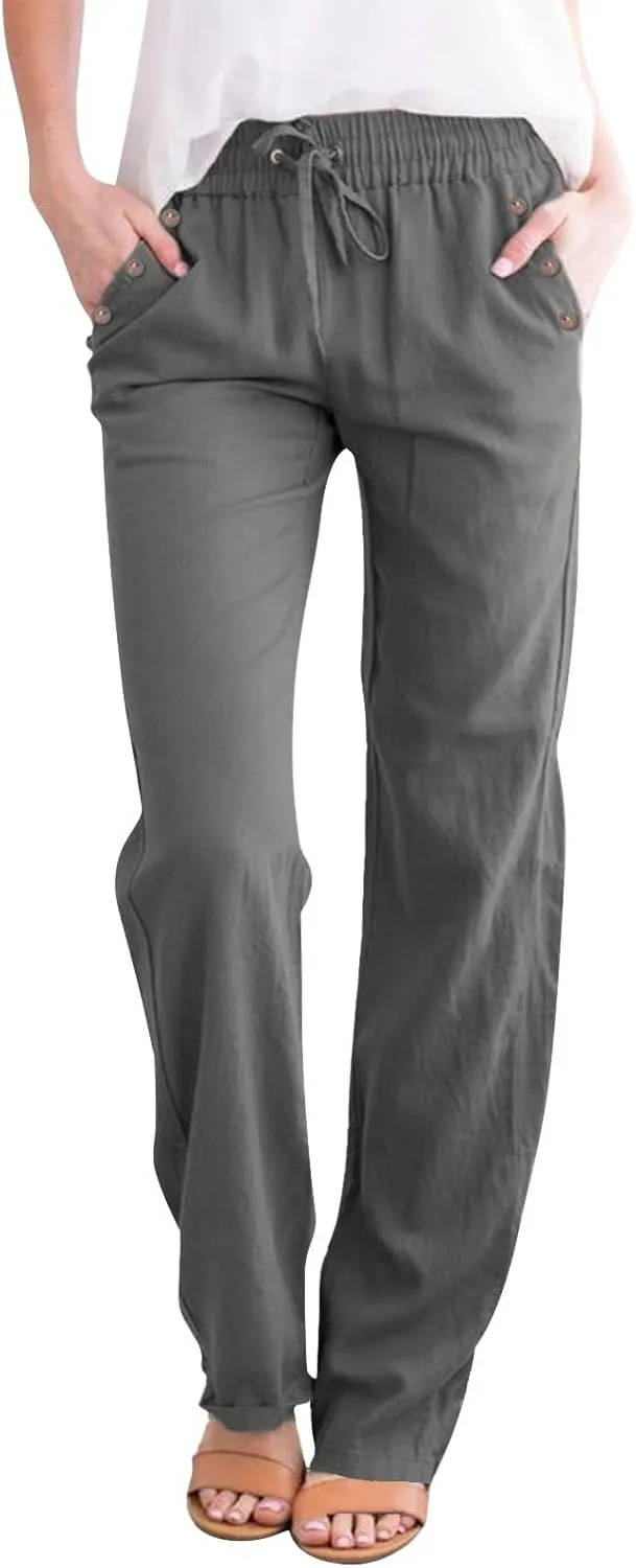 Summer Cotton Linen Pants with Pockets for Women Baggy Wide Leg Stretch Casual Trousers Straight Elastic Waist Lounge Pants