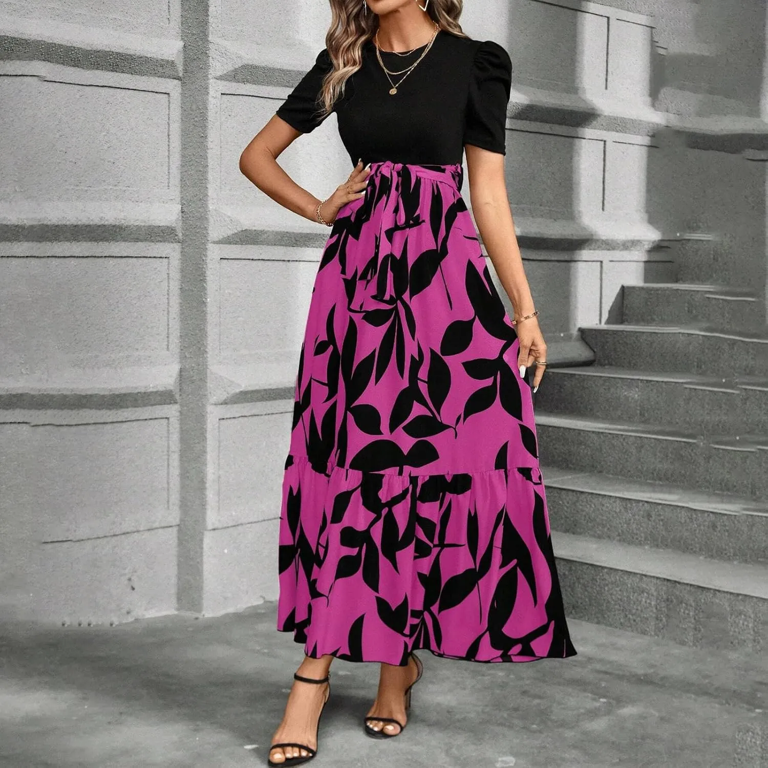 Summer Dresses for Women 2025 Trendy Summer Tiered Elastic High Waisted Floral Skirt Long Elastic High Waist Skirts