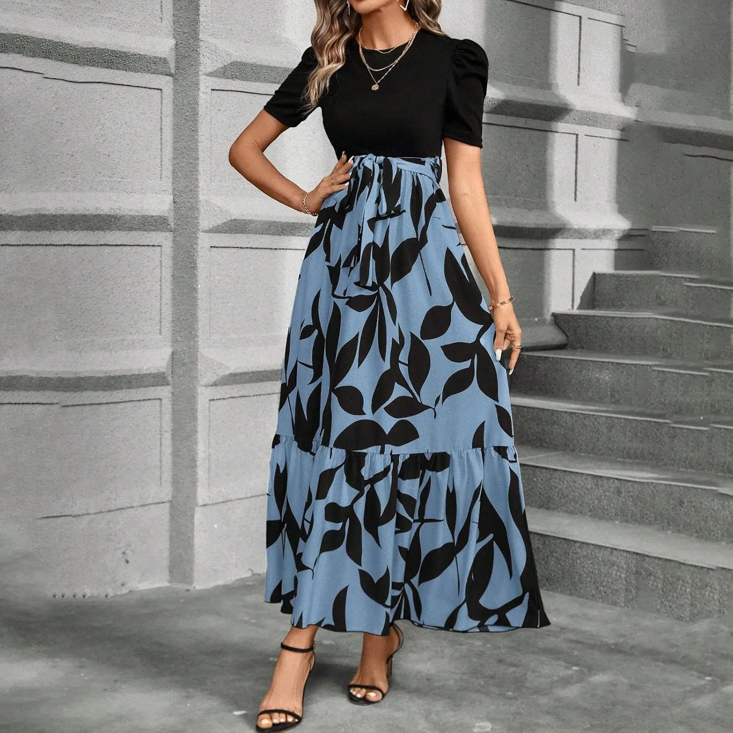 Summer Dresses for Women 2025 Trendy Summer Tiered Elastic High Waisted Floral Skirt Long Elastic High Waist Skirts