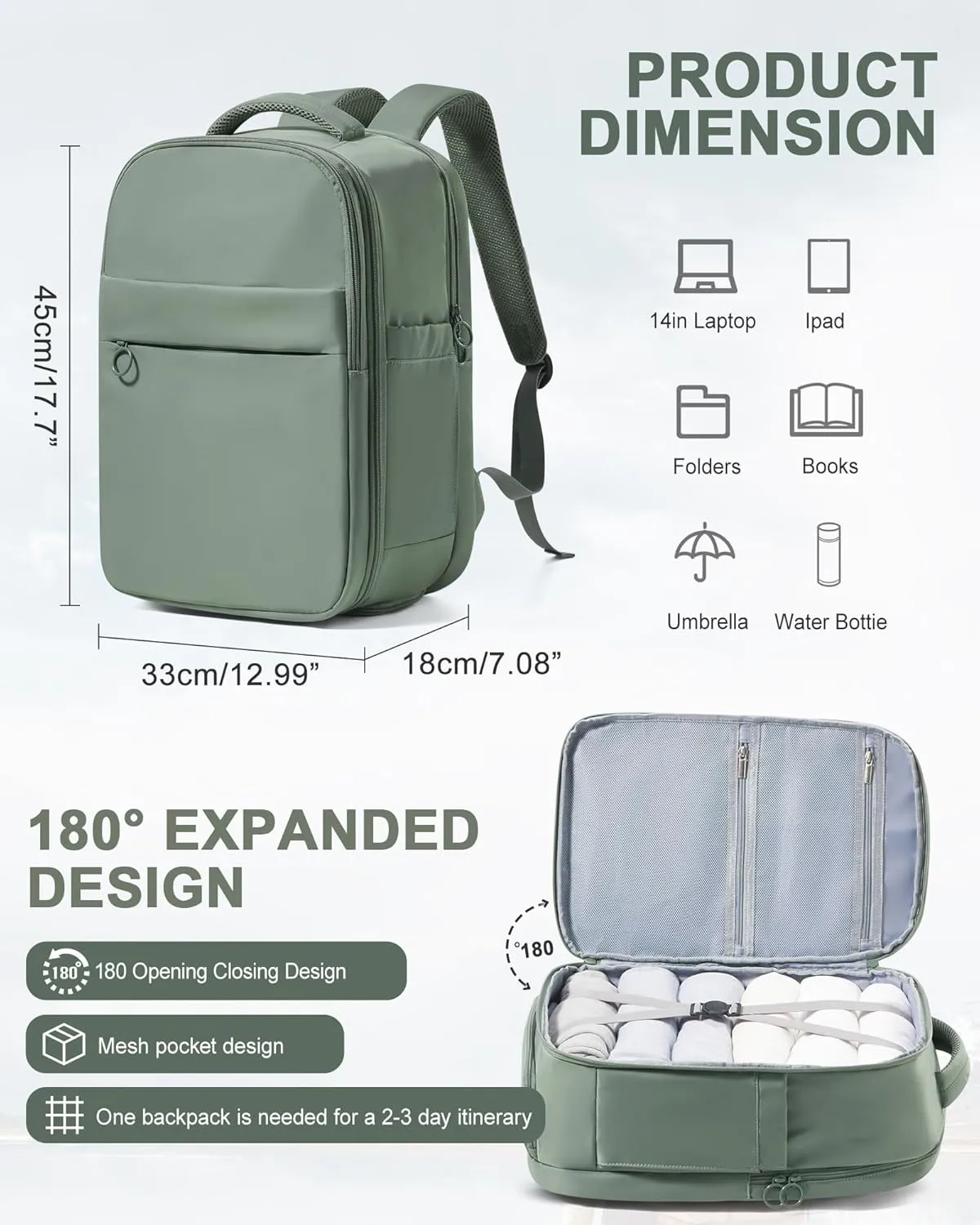 Travel Backpack for Women Carry on Flight Approved Personal Item Travel Bag Carry on Backpack Mochila de Viaje Waterproof Travel Essentials with Shoe Compartment Fit Airplanes Green