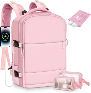 Travel Backpack Set for Women with [Toiletry Bags]&[Shoe Bags] - 15.6 Inch Women Laptop Backpack with USB Charging Port for Travel,Weekender,Business,Hiking - Pink