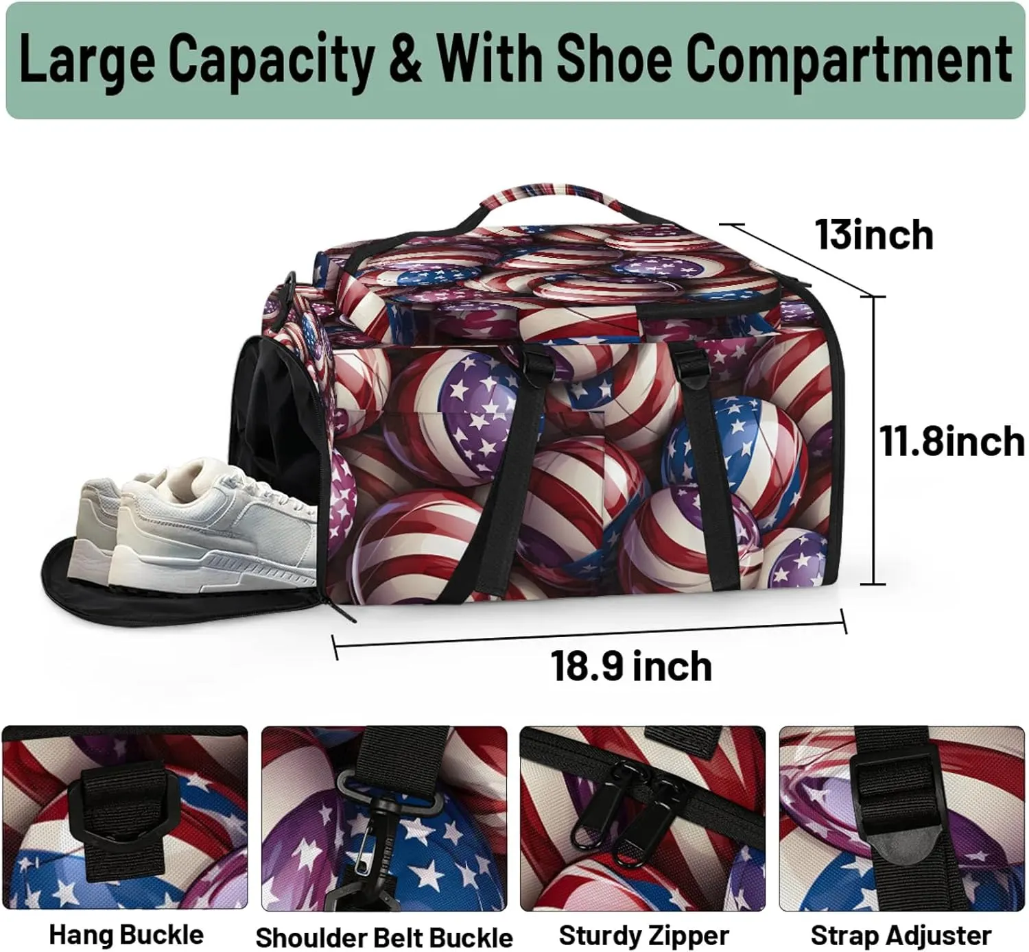 Volleyball American Gym Bags for Men Women Sports Backpack with Shoe Compartment 3-in-1 Tactical Duffle Bag for Overnight Weekender Travel