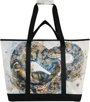 Watercolor Snake Cool Large Insulated Reusable Tote Bag for Grocery Shopping for Women Men, Cooler Bag with Zippered Top & Handles for Travel Beach Picnic