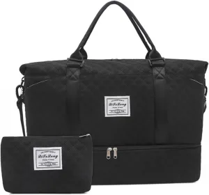 Weekender Bags for Women, Travel Duffel Bag with Shoe Compartment & Wet Pocket, Large Gym Sports Tote Bag, Maternity Hospital Overnight Bag with Toiletry Bag for Fitness, Work, Trips Black