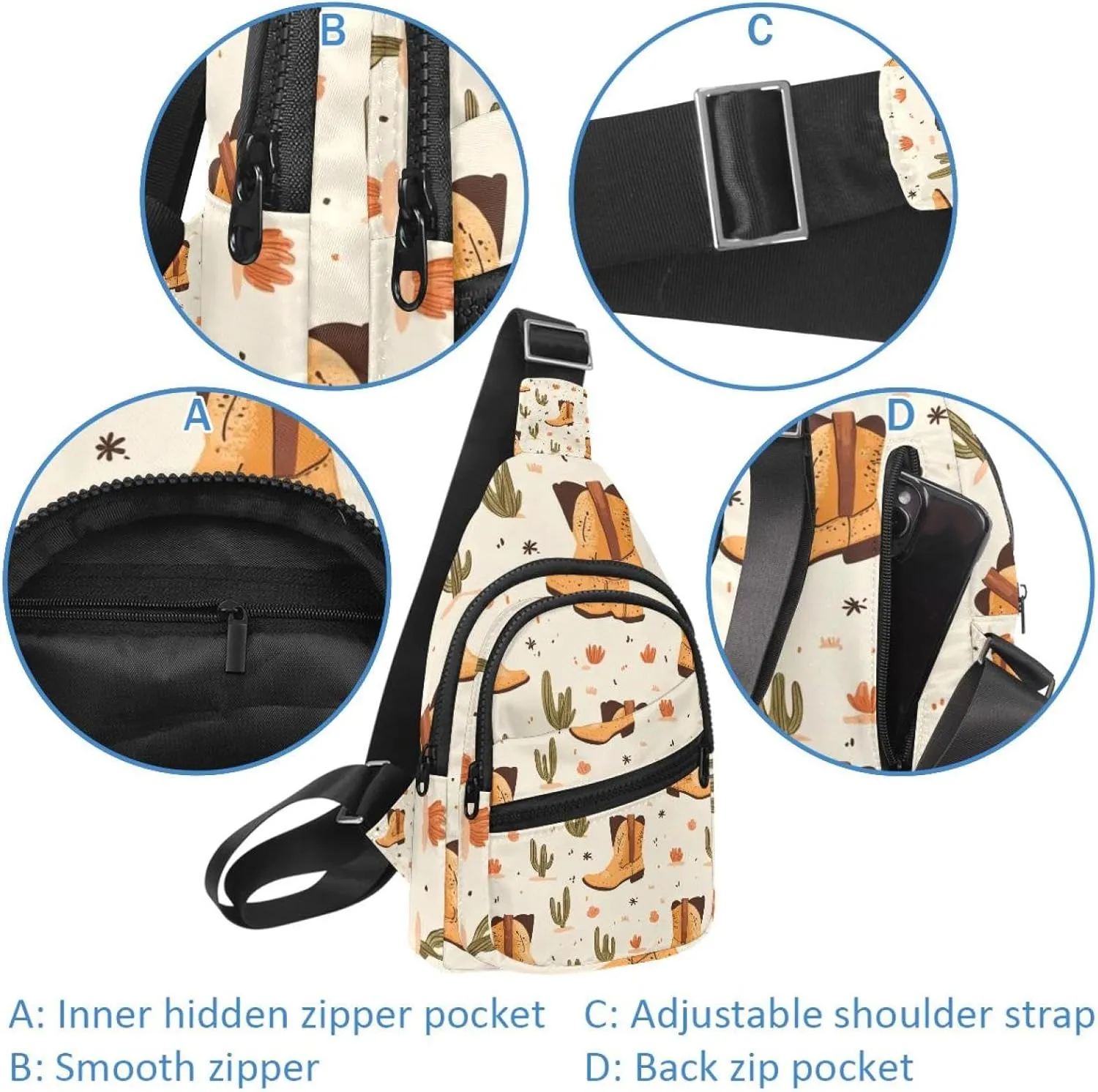 Western Cowboy Hat Cactuses Chest Daypack Crossbody Backpack for Women Men