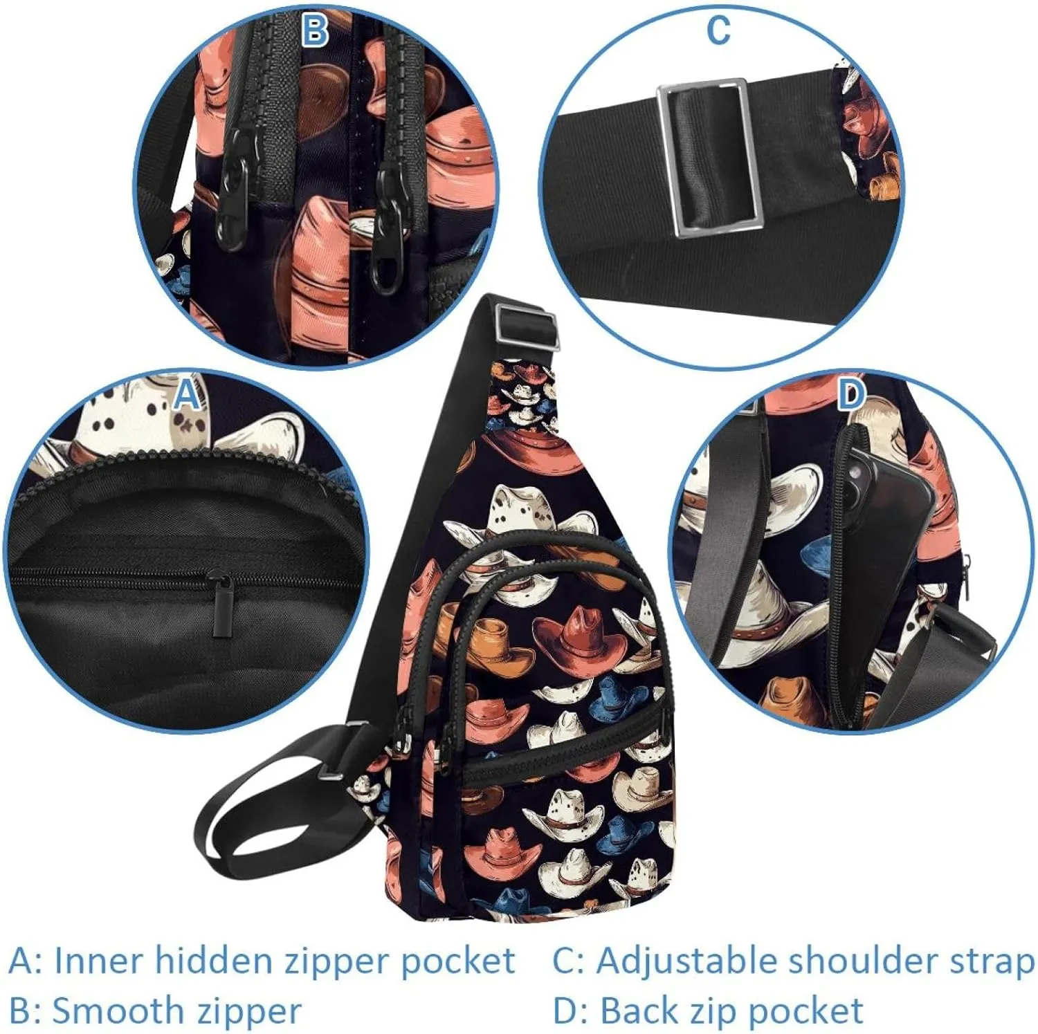 Western Cowboy Hat Cactuses Sling Backpack Crossbody Bag Convertible, Small Diaper Bag Hiking Daypacks
