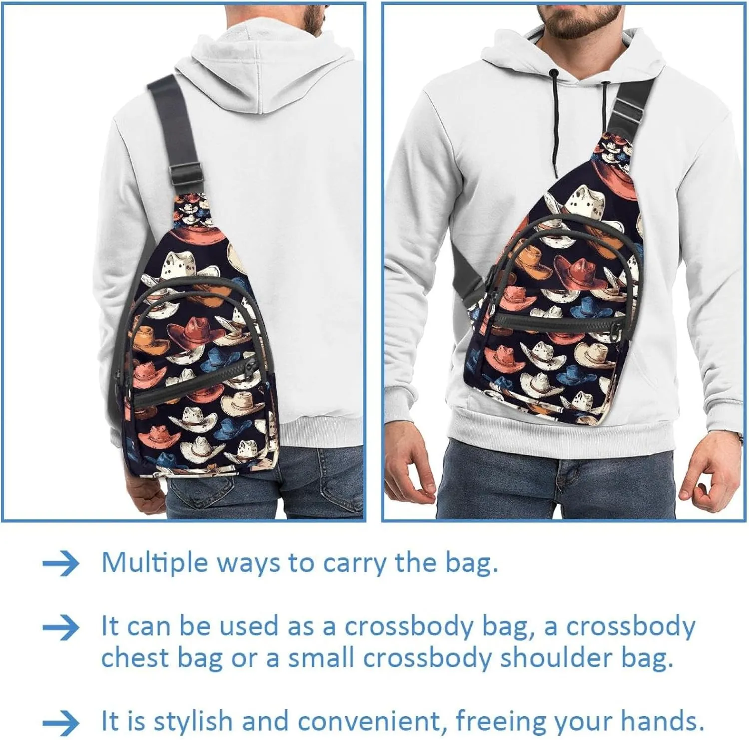 Western Cowboy Hat Cactuses Sling Backpack Crossbody Bag Convertible, Small Diaper Bag Hiking Daypacks