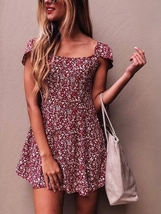 Wholesale Burgundy Square Neck Short Sleeve Floral Print Backless Lace-Up Casual Dresses