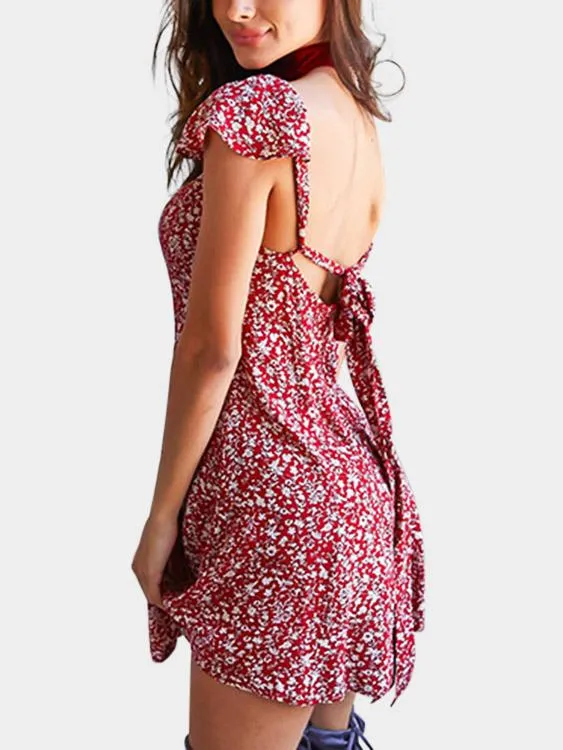 Wholesale Burgundy Square Neck Short Sleeve Floral Print Backless Lace-Up Casual Dresses