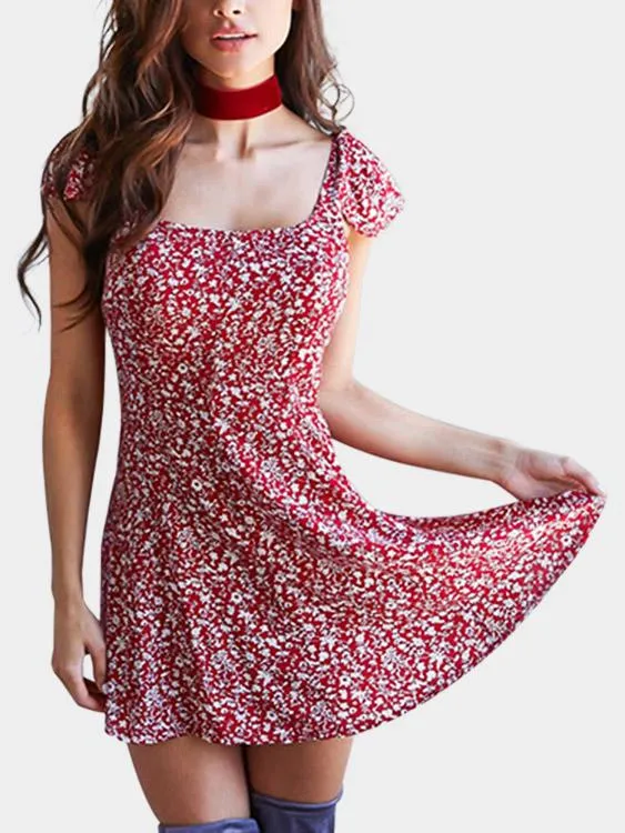 Wholesale Burgundy Square Neck Short Sleeve Floral Print Backless Lace-Up Casual Dresses