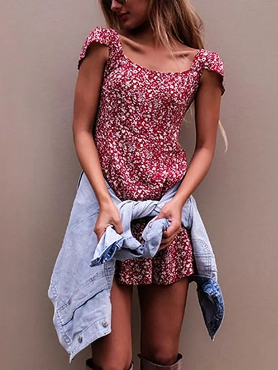 Wholesale Burgundy Square Neck Short Sleeve Floral Print Backless Lace-Up Casual Dresses