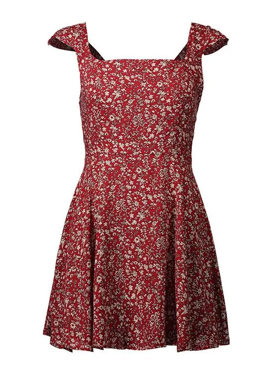 Wholesale Burgundy Square Neck Short Sleeve Floral Print Backless Lace-Up Casual Dresses