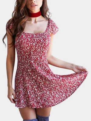 Wholesale Burgundy Square Neck Short Sleeve Floral Print Backless Lace-Up Casual Dresses