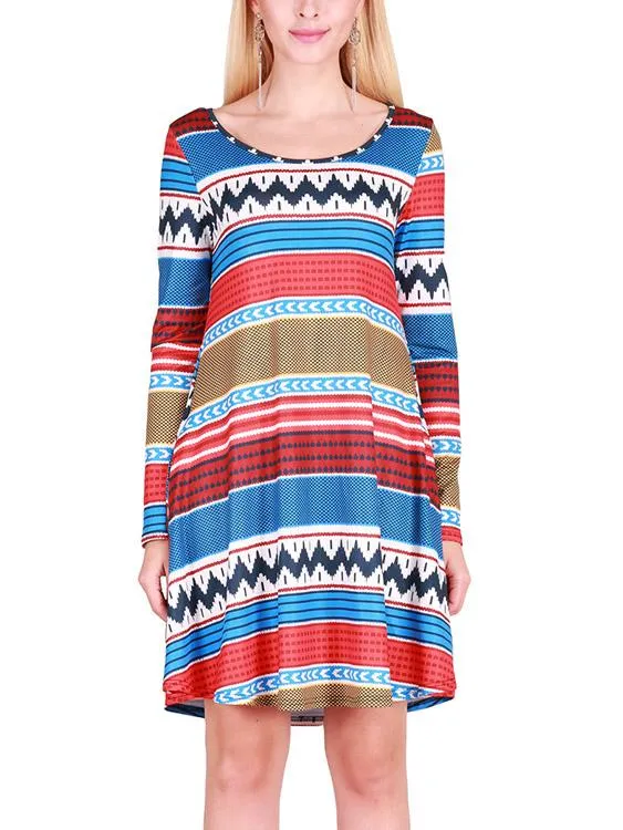 Wholesale Casual Round Neck Long Sleeve Geometrical Dresses
