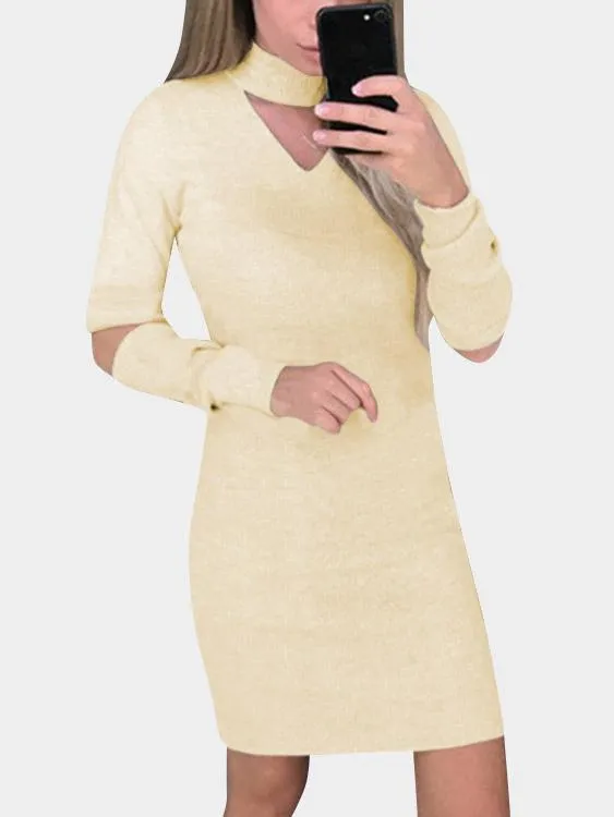 Wholesale Grey Crew Neck Halter Long Sleeve Plain Zip Back Hollow Cut Out Casual Dresses