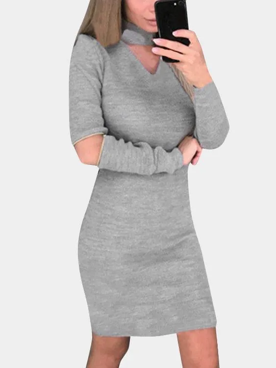 Wholesale Grey Crew Neck Halter Long Sleeve Plain Zip Back Hollow Cut Out Casual Dresses