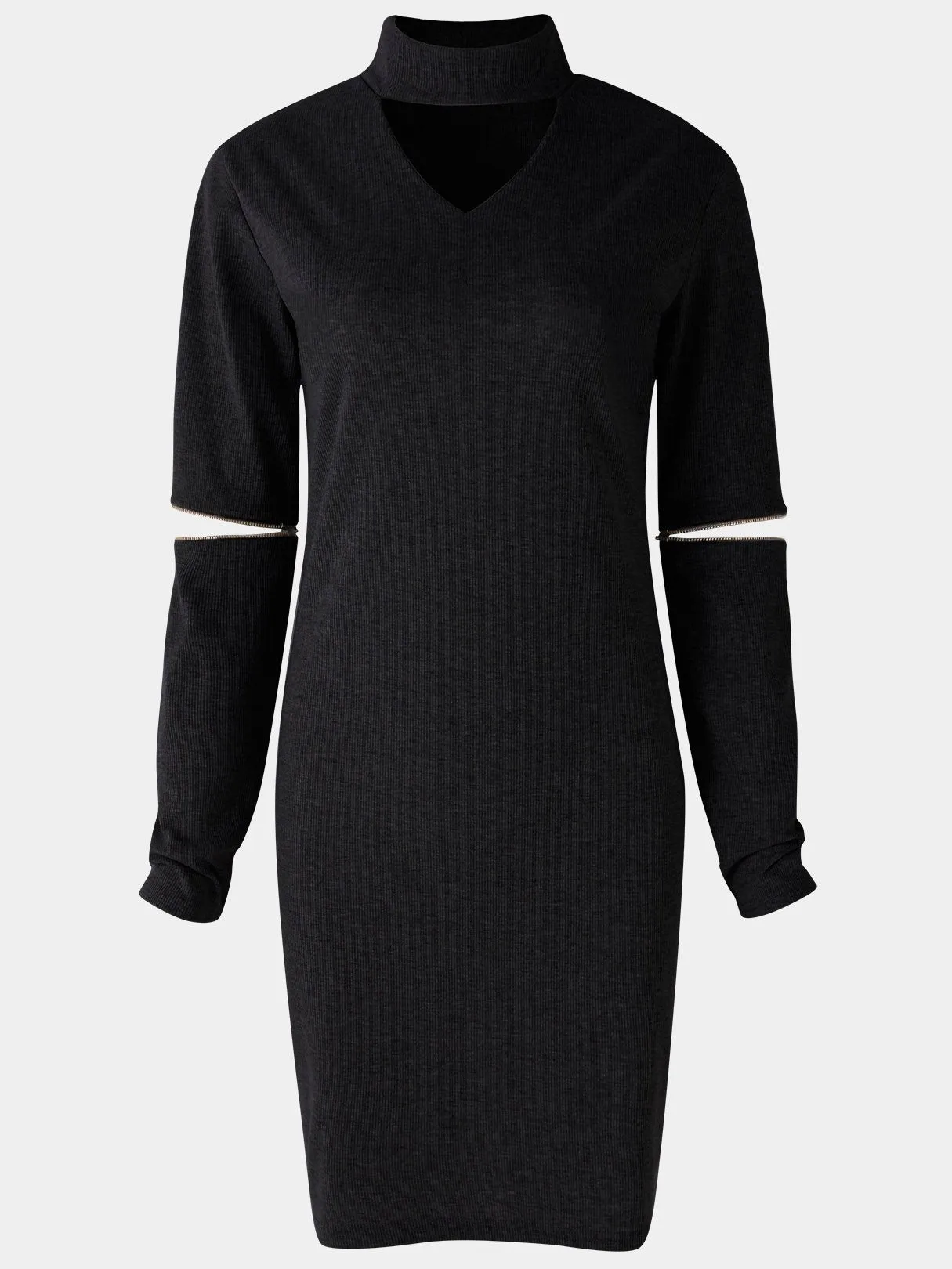 Wholesale Grey Crew Neck Halter Long Sleeve Plain Zip Back Hollow Cut Out Casual Dresses