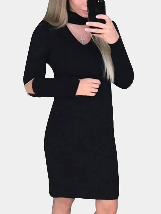 Wholesale Grey Crew Neck Halter Long Sleeve Plain Zip Back Hollow Cut Out Casual Dresses