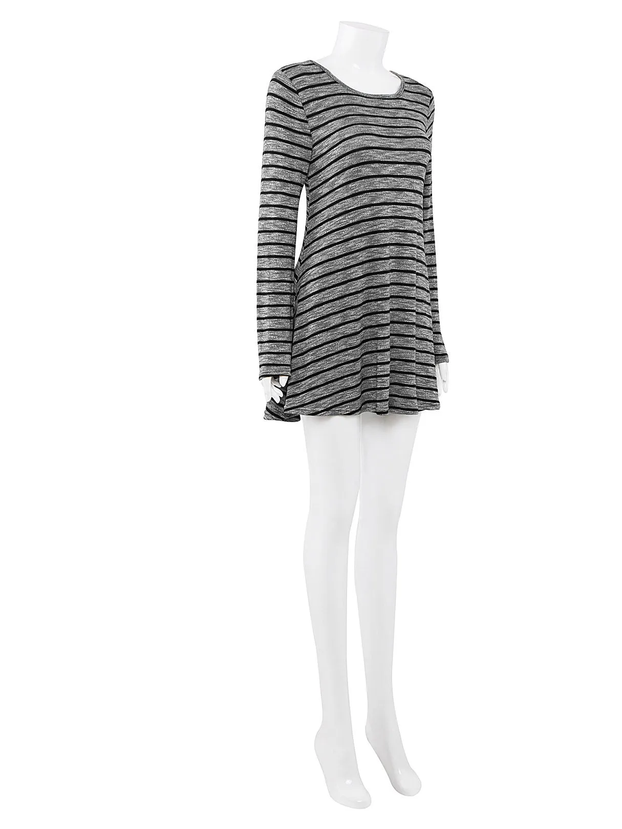 Wholesale Grey Crew Neck Long Sleeve Stripe Casual Dress