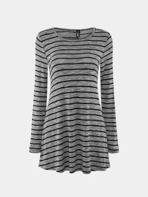 Wholesale Grey Crew Neck Long Sleeve Stripe Casual Dress