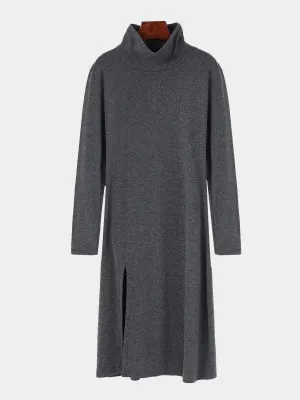 Wholesale Grey High Neck Long Sleeve Slit Hem Casual Dresses