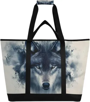 Wolf Portrait Cool Large Insulated Reusable Tote Bag for Grocery Shopping for Women Men, Cooler Bag with Zippered Top & Handles for Travel Beach Picnic