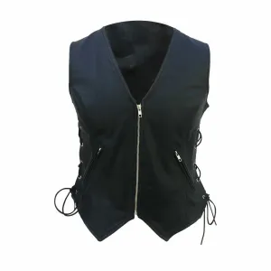 Women Black Leather Vest With Side Lacing Bikers Style Waistcoat - W3 - BLK