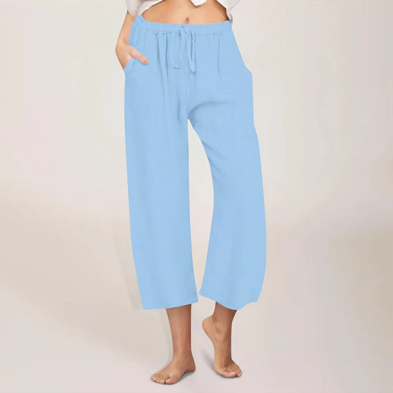 Women Cropped Trousers Cotton Linen Capri Pants Joggers Drawstring Bottoms Elasticated Shorts 3/4 Length Trouser