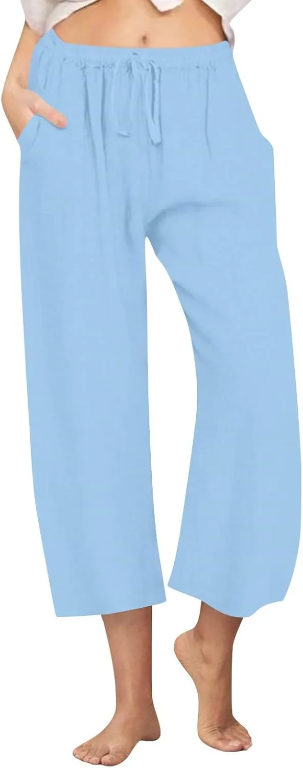 Women Cropped Trousers Cotton Linen Capri Pants Joggers Drawstring Bottoms Elasticated Shorts 3/4 Length Trouser