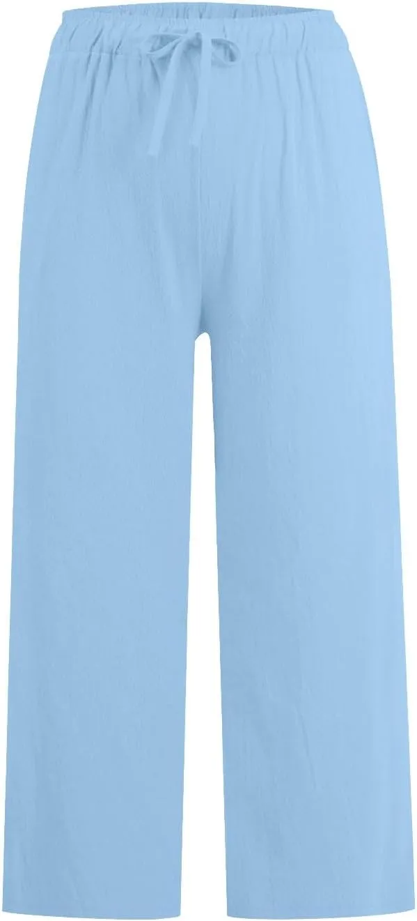 Women Cropped Trousers Cotton Linen Capri Pants Joggers Drawstring Bottoms Elasticated Shorts 3/4 Length Trouser