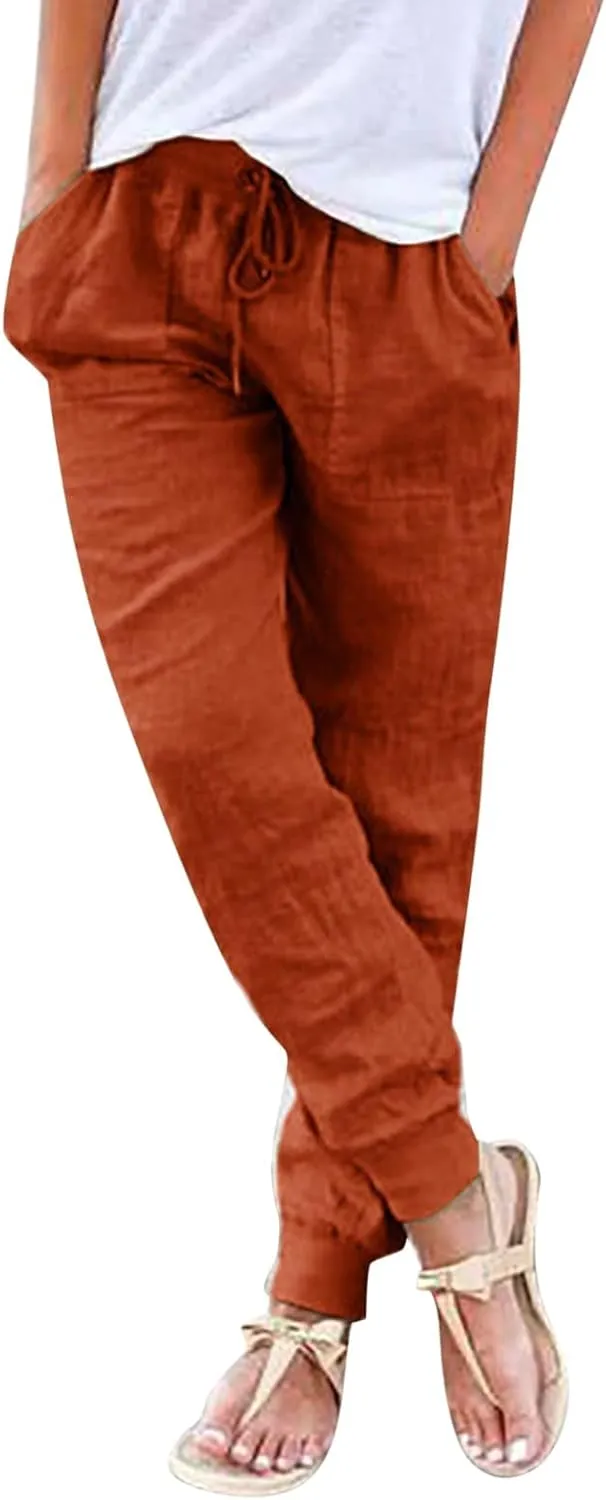 Women Summer Tapered Pants Linen Cotton Casual Drawstring Elastic Waist Pants Loose Fit Solid Lounge Trousers with Pockets